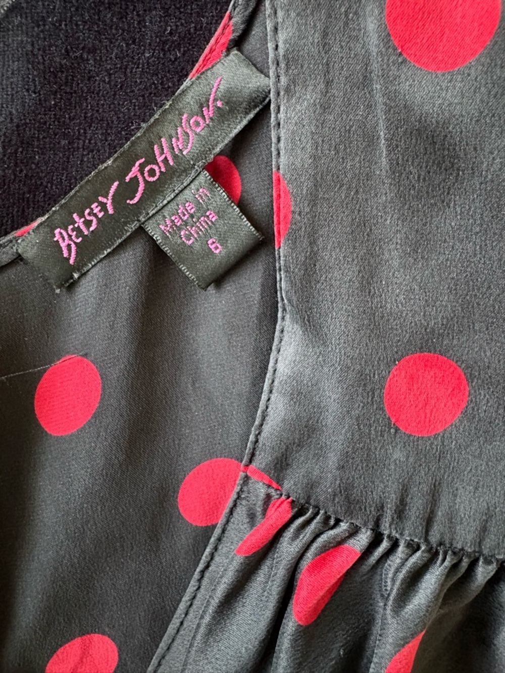 Vintage Betsey Johnson 100% Silk Black Red Polka Dot Puff Sleeve Dress - Picture 5 of 16